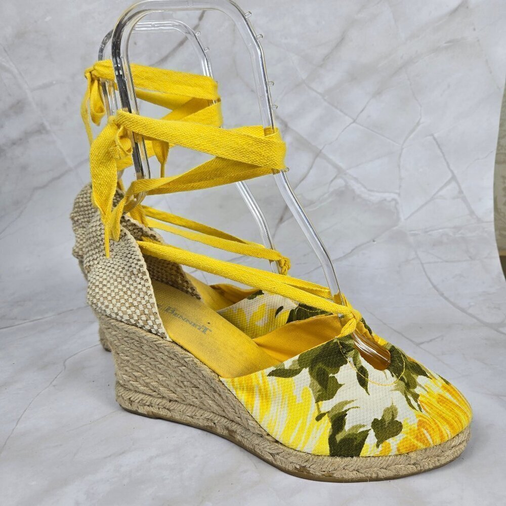 L. K. Bennett Size 40 (US 8.5) Yellow Lace Up Wedge Heels Floral Print Textile
